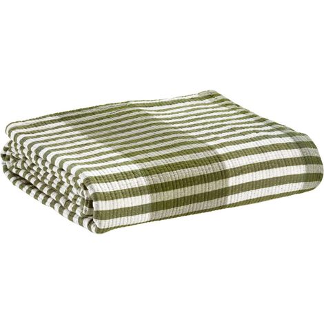 VIVARAISE - Jeté de lit Calista en coton 100% - Motif rayé olive - 240 x 260 cm (1/5)
