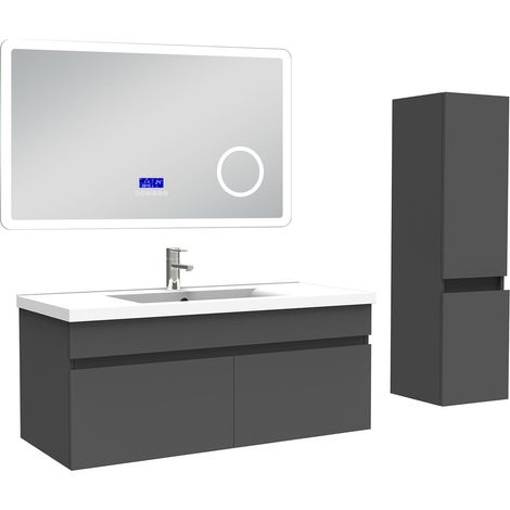 Acezanble Ensemble meuble 100 cm, lavabo céramique simple + colonne + Miroir salle de bain Bluetooth avec 3 couleurs dimmable, anthracite à suspendre