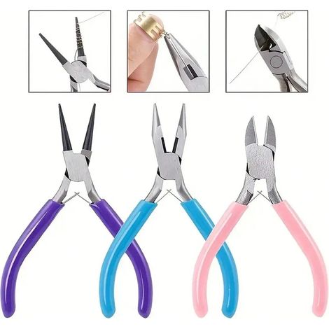 Un ensemble d'outils de bijouterie en trois pièces comprenant une pince à bec fin, une pince à chaîne, une pince à bec rond et une pince coupante. (1/4)