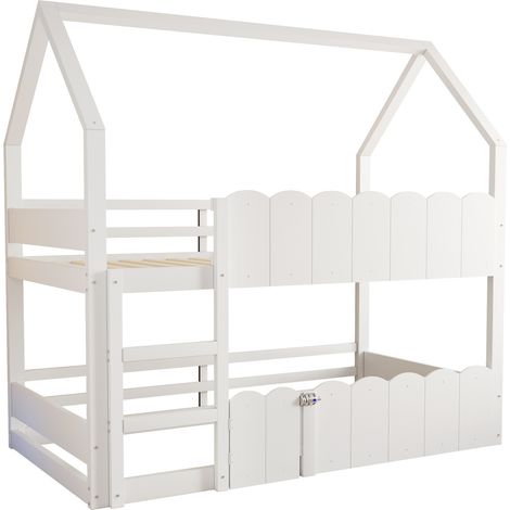 Cama alta infantil 90 x 200 cm de madera, diseño casita, blanca (1/5)