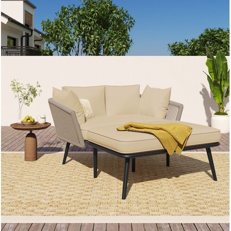 Canapé de jardin avec 2 coussins de dossier et 2 coussins décoratifs, structure en acier galvanisé et corde tressée, kaki (1/5)