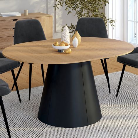 ANGELE mesa de comedor redonda extensible, 4-8 plazas, madera efecto haya y pata negra, 110-150 cm