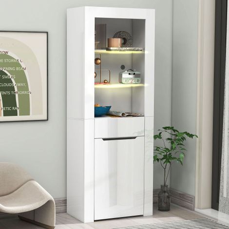 Vitrina expositora blanca 60x35,5x165 cm con LED, almacenamiento integrado, 1 armario + 1 cajón + 2 estantes – Acabado Blanco (1/5)