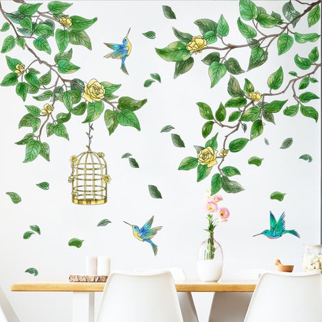 Sticker mural branche d'arbre, feuille verte et oiseau volant, décoration murale autocollante