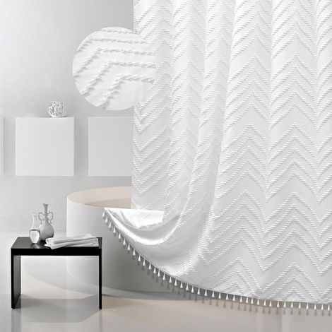 Cortina de ducha blanca，tela de cortina de ducha bohemia，estampado de espiga texturizado，cortina de ducha elegante，impermeable，72" x 72"