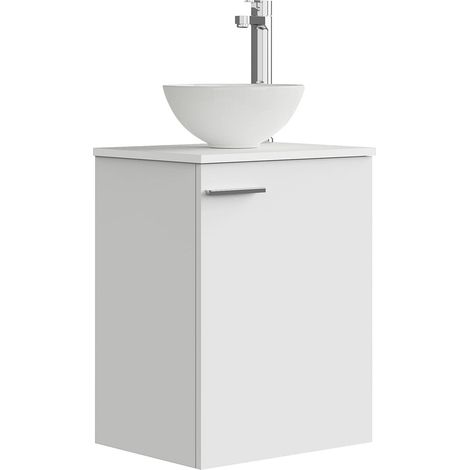 Ensemble de Meuble de Salle de Bain 45 cm avec lavabo en mélamine 16 mm Meuble monté + lavabo sans Miroir 1 Porte poignée Horizontale Blanche (1/5)