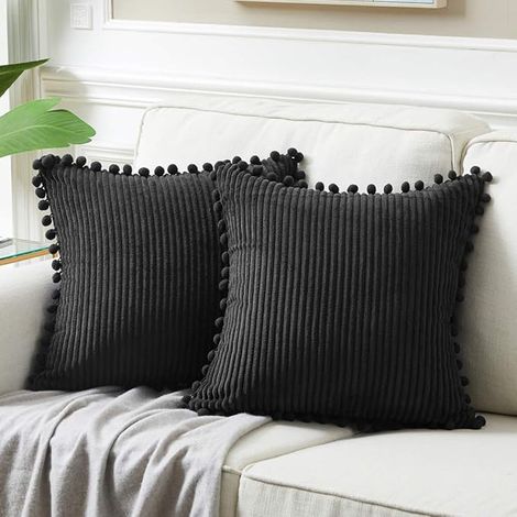 2 pcs élégant interrupteur velours côtelé taie d'oreiller avec pompon blanc pour salon cuisine bureau 45 x 45 cm noir