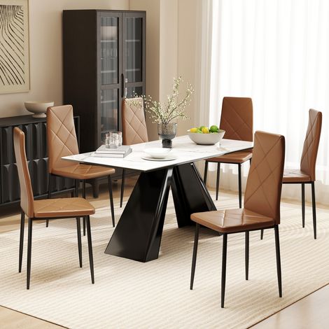Lot de 6 chaises salle de salle à manger en faux cuir, dossier haut avec coutures losange, pieds en acier, s pour cuisine, chambre, marron