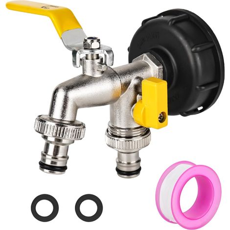 Robinet de réservoir d'eau 1000 l - 1/2" - Avec rallonge de bec S60 x 6 - Filetage grossier - Adaptateur de raccordement pour réservoir d'eau (jaune) (1/5)