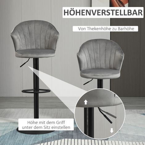 Lot de 2 tabourets de bar pivotants dossier velours, réglables en hauteur, sans accoudoirs, gris, 54x56x91-111 cm (1/4)