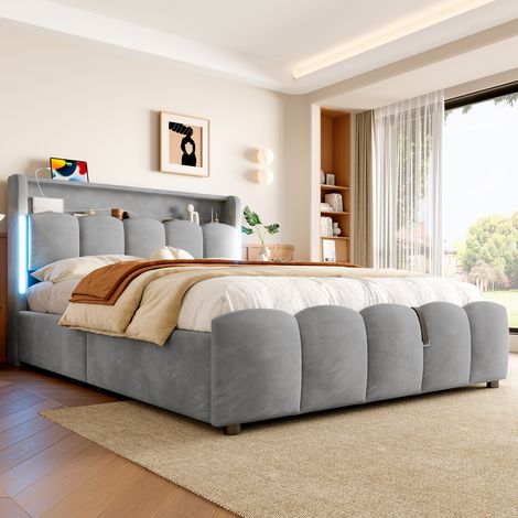 Lit coffre rembourré en velours 140x200 cm avec rangement hydraulique, tête de lit rabattable avec rangement, LED multicolore, USB et Type-C, gris (1/5)