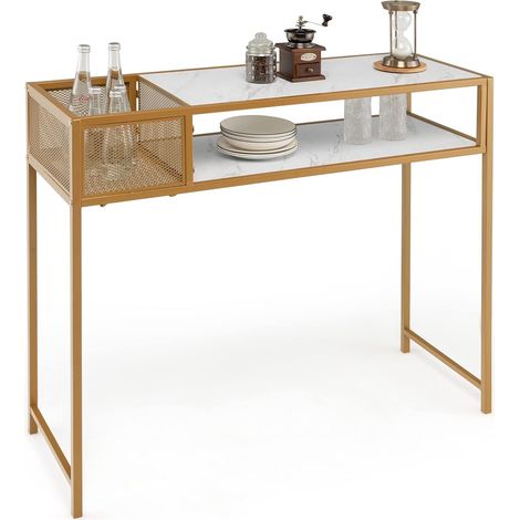 COSTWAY 2 Ebenen Konsolentisch Marmor Optik, Beistelltisch mit goldfarbenem Metallgestell, Flurtisch modern, mit Korb, 110 x 40 x 90,5 cm (1/5)