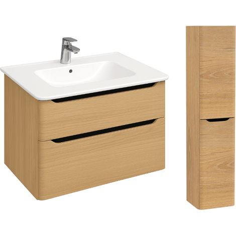 Mueble lavabo suspendido VITRA Sento Round de 100 cm en roble natural dorado + columna, versión derecha (1/5)