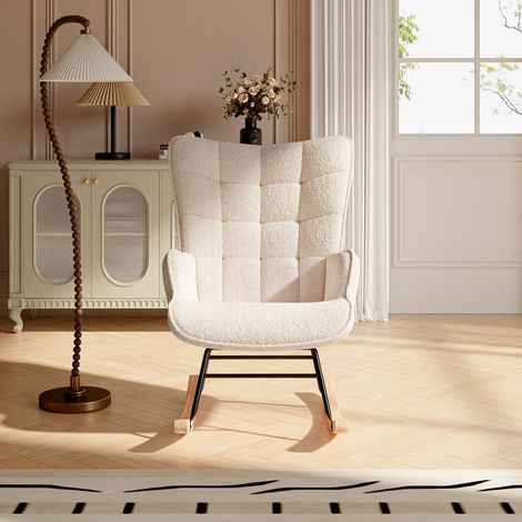 Fauteuil à bascule, rocking chair, fauteuil allaitement, chaise a bascule en polaire Teddy, pieds en bois, fauteuil moderne pour chambre à coucher, salon, balcon, beige (1/5)
