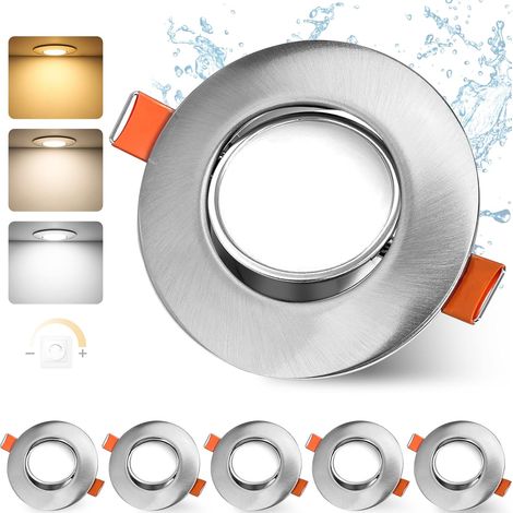 Lot de 6 spots LED encastrables - 230 V - Intensité variable - 68-80 mm - 4,9 W - IP44 - Ultra plats - 3000 K/4000 K/6000 K - Pour salle de bain, salon - Orientables à (1/5)