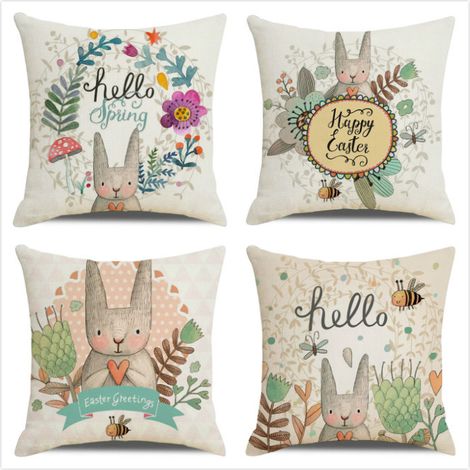 Quatre housses de coussin sur le thème du printemps, 4545 cm, décorées de motifs de lapin de Pâques et de cèdre, parfaites pour décorer un canapé. (1/5)