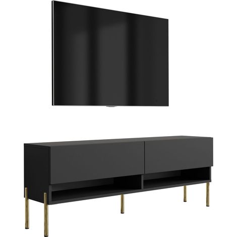 Meuble TV : Noir Mat, pieds droits dorés, 140 × 32 × 52 cm (1/5)
