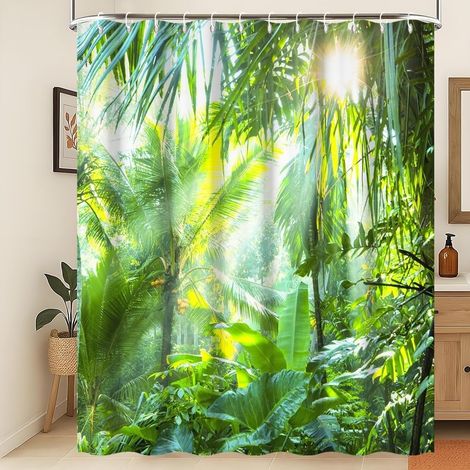 Rideau de douche printanier, forêt tropicale, feuillage vert luxuriant dans la jungle, rideau de salle de bain, safari, lever de soleil, imperméable, lavable en machine, 180 x 200 cm (1/5)