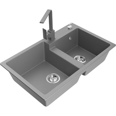Mexen Tomas 2-Becken-Granitspüle mit Mischbatterie Rita, Grau - 6516-71-670300-71 (1/5)