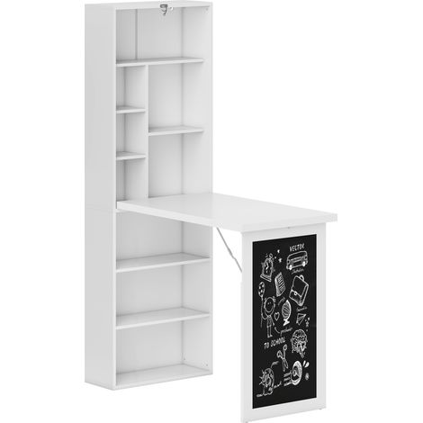 Bureau mural pliable rabattable avec bibliothèque, poste de travail, tableau ardoise et étagère ajustable (1/5)