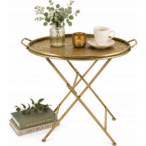 Table basse ronde dorée, table d'appoint style loft, plateau en métal, support à fleurs (1/5)