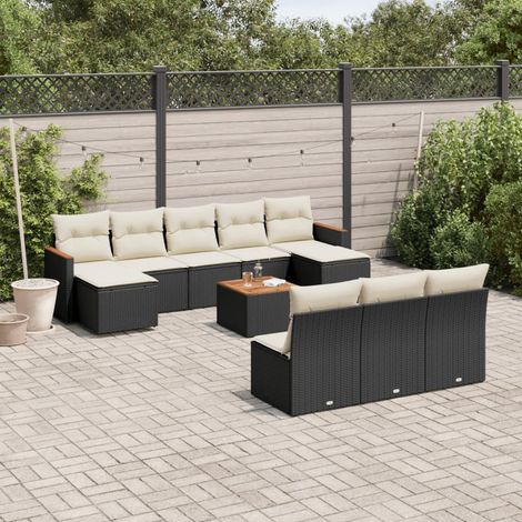 11-tlg. Garten-Sofagarnitur mit Kissen Schwarz Poly Rattan (1/5)
