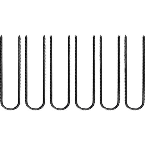 Lot de 6 clous en acier en forme de U, clous pour gazon synthétique, ancrages au sol pour tissu non tissé, clous haute résistance pour trampoline, noirs (1/5)