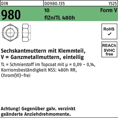 DIN 980/ISO 7086, 10513 Selbstsichernde Sechskantmutter M 16 x 2 Stahl zinklamellenbeschichtet 50 Stk (1/2)