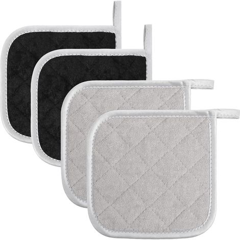 Lot de 4 maniques carrées pour cuisine résistantes à la chaleur - 17 x 17 cm - En tissu éponge gris et noir - Dessous de plat pour la cuisine, les poêles de cuisson, les comptoirs (1/5)