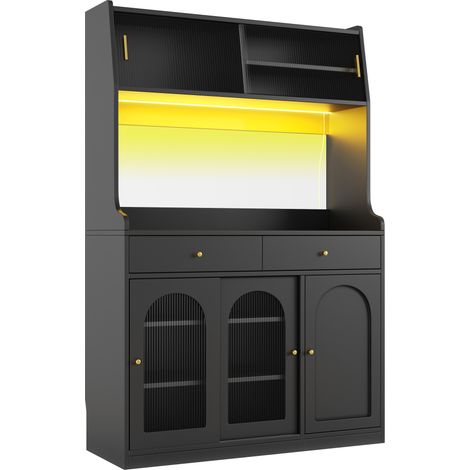 Aparador alto de cocina con vitrina, 2 cajones y LED multicolor 120x40x180 cm negro HOMVRA (1/4)