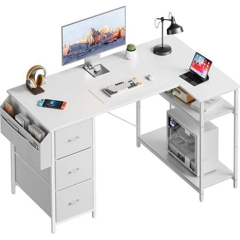 EcoFurnix Corner Desk, 120x78cm Gaming Desk, L-shaped Desk with 3 Drawers, Computer Desk with Storage, White