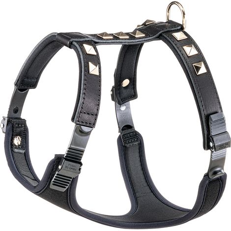 Ferplast GIOTTO LUXOR BLACK P Pettorina in pelle naturale nera con borchie - 3 misure. Variante MEDIUM - Misure: A: 38-46 cm B: 57-65 cm - Nero (1/6)