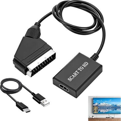 Convertidor SCART a HDMI con cable HDMI, adaptador SCART a HDMI Full HD 720P 1080P, convertidor de audio y video analógico a digital, para televisores HD, monitores, proyectores, Plug and Play. (1/5)