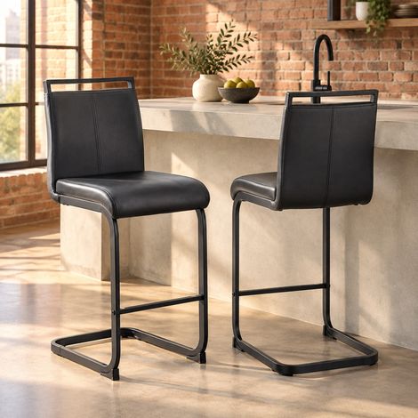 Lot de 2 tabourets de bar en cuir régénéré noir, structure en métal noir, avec dossier et repose-pieds, hauteur 96,5 cm, assise 63,5 cm pour cuisine FLORAGRACE (1/5)