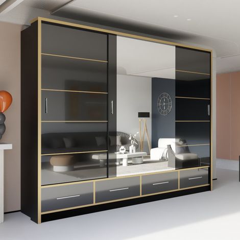 Modern High Gloss Sliding Wardrobe with Long LED Light Black 253cm