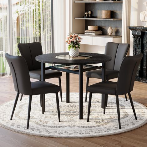 Ensemble table ronde minimaliste moderne 100 cm aspect bois noir + 4 fauteuils PU noir pieds métal noir design salon salle à manger cuisine style contemporain élégant