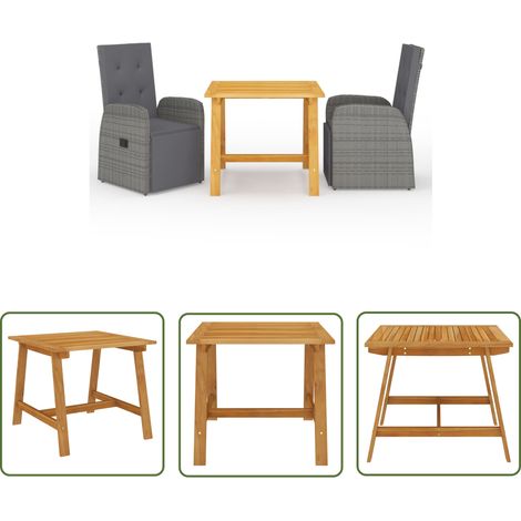 The Living Store Ensemble à manger de jardin 3 pcs Gris - Ensemble Salon De Jardin - Mobilier De Jardin - Table De Jardin - Chaises De Jardin - Acacia (1/5)