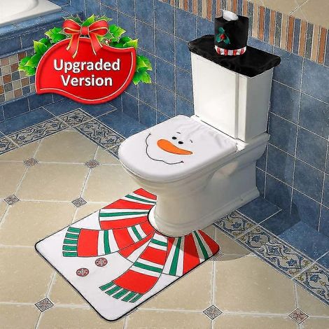 Ensemble de 3 pièces : housse de siège de toilette et tapis de toilette rouge bonhomme de neige et Père Noël (1/5)