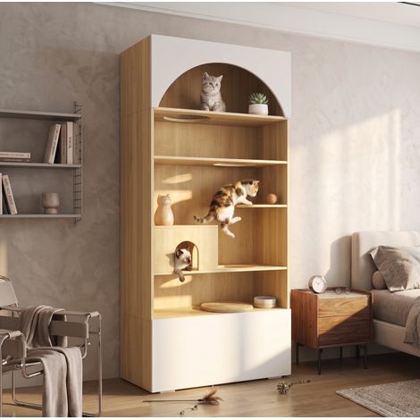 Mueble para gatos 90/50/200 cm blanco y acabado madera, con refugio y almacenaje (1/5)