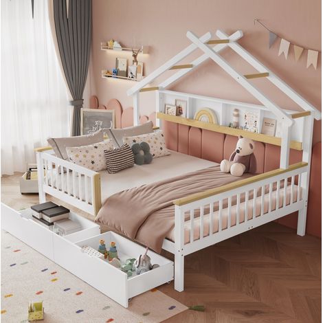 Letto bambini 140x200 cm con 2 cassetti, ripiano portaoggetti, sponda di sicurezza e protezione anticaduta, bianco, senza materasso (1/5)