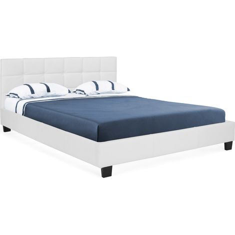 Idmarket – Lit double 140 x 190 cm – Tête de lit capitonnée – Sommier 24 lattes renforcé – Structure en MDF – Revêtement PVC blanc