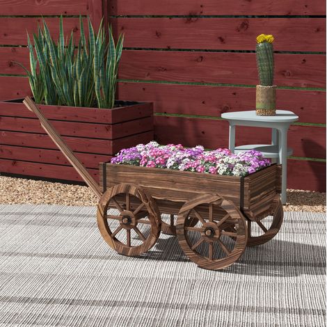 Jardinera con ruedas de madera marrón retro OKMYHOME (1/4)