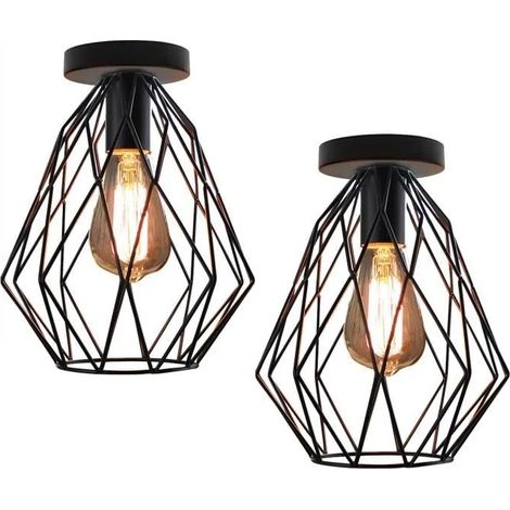 U-Do 2Pcs Plafonnier Cage en Fer Noir Industriel Vintage E27 Lampe Intérieur pour Cuisine Bureau Salon (1/4)
