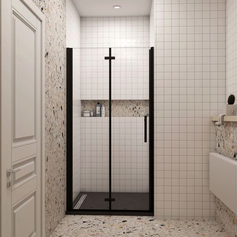80x190 cm Porta Doccia per Nicchia Battente Pieghevole in Vetro Temperato Trasparente 5 mm Anticalcare Telaio Nero Opaco Piatto Doccia 80x80 cm incluso (1/5)