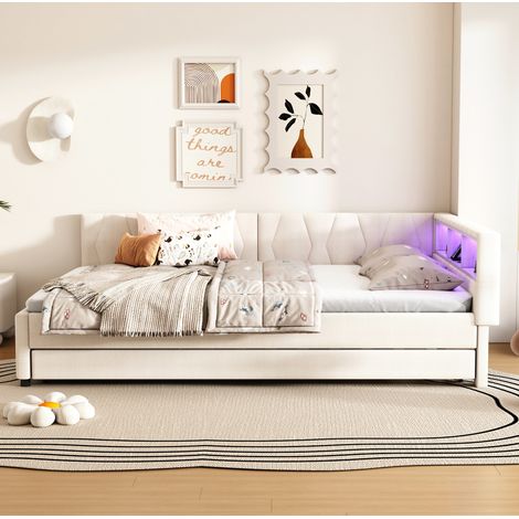 letto camera 140x200 estraibile LED USB beige HAVRYA (1/5)