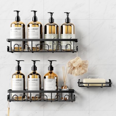 3 Étagère Douche, Acier Inoxydable, Noir, Porte-Savons, Sans Percage, Salle de Bain (1/5)