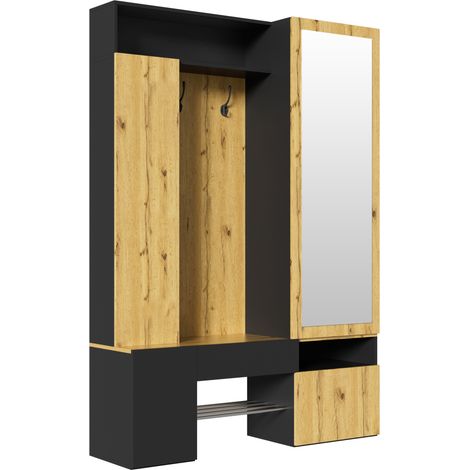 Vestiaire d'Entrée avec Miroir et Meuble Chaussures Penderie MDF Noir et Naturel 127x35x180,5 cm (1/5)