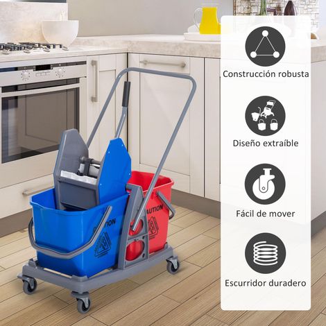 Chariot de nettoyage professionnel, chariot à balai en métal avec 2 seaux amovibles de 25 litres, essoreuse, presse manuelle et 4 roues, 73 x 45 x 92 cm, rouge et bleu (1/5)