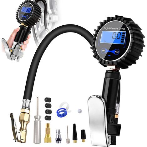 Tyre Pressure Gauge, Tyre Inflator Gun, Tyre Pressure Gauge with Accessories for Bike, Motorcycle, Truck, Car, Mountain Bike (1/5)