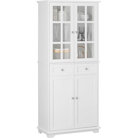 Sobuy – Buffet haut FSB76W – Armoire de rangement cuisine 75x40x175 cm – 4 portes vitrées et 2 tiroirs – MDF blanc (1/5)